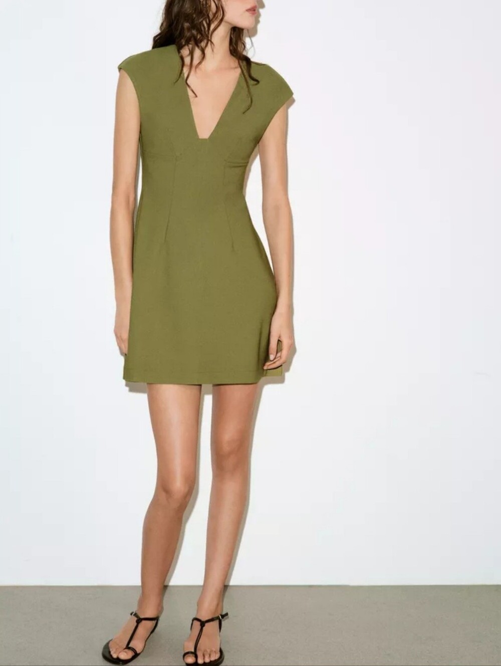 ZARA Crepe V-Neck A-Line Short Sleeve Short Dress Pistachio Green Chic Sz S